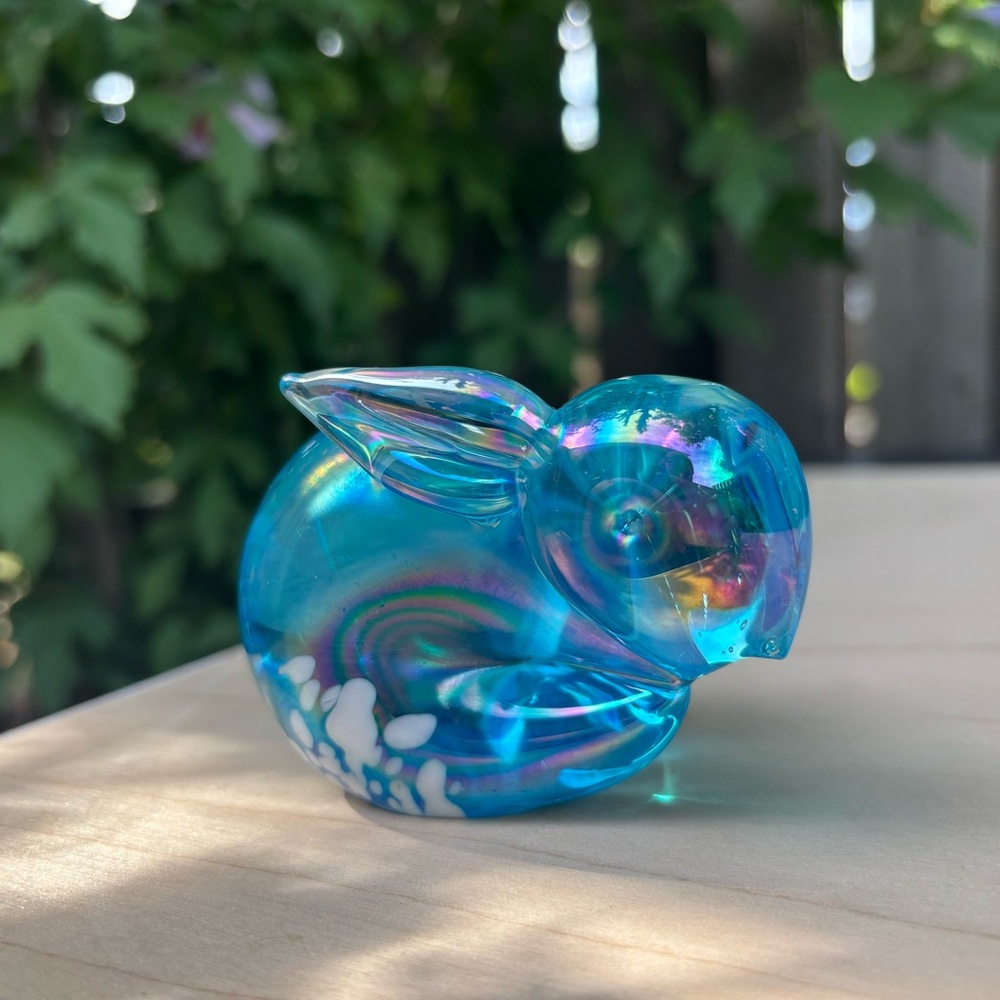 Blue Iridescent Bunny Rabbit Art Glass Paperweight or Decor With White Speckles